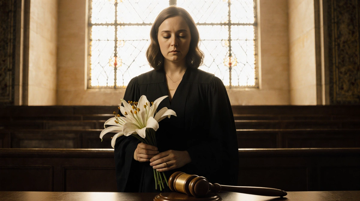 Brooke Shoemaker standing in courtroom holding white lilies with golden stained glass light and abandoned gavel on desk