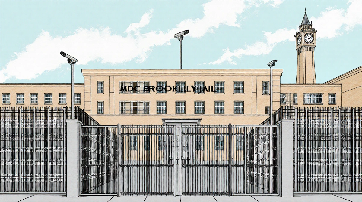 The MDC Brooklyn jail showing imposing architecture with tall fence gates and security cameras and cellblock grid.