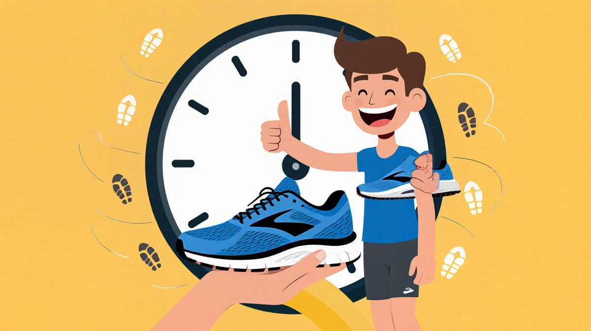 Person smiles holding Brooks running shoes with thumbs up beside a 90-day timer and motion lines suggesting movement
