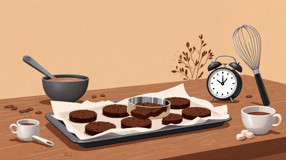 Brownie cut into rounds with a biscuit cutter and surrounded by bowls and whisk on a wooden table with warm neutral backgroun