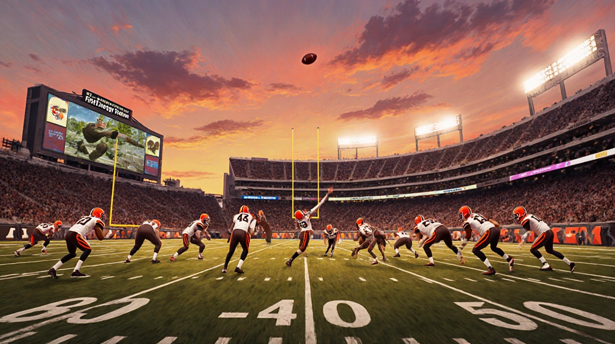 Kicker Andre Szmyt kicking a 49-yard field goal with Cleveland Browns stadium lit at dusk and Bengals defeated on the field.