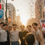 Seventh member smiles with friends and BTS balloons near fans at Seoul sunset