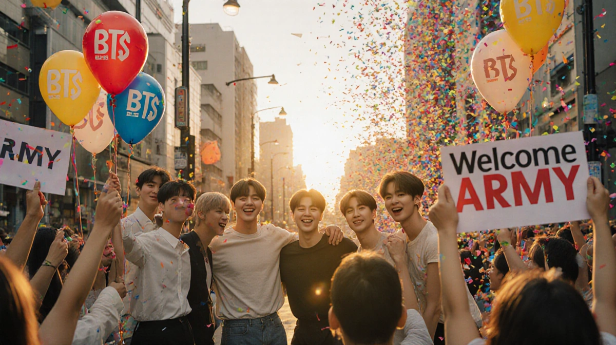 Seventh member smiles with friends and BTS balloons near fans at Seoul sunset