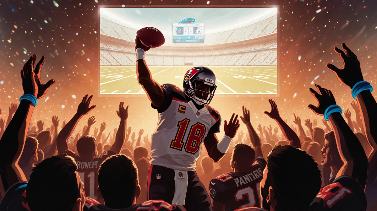 Buccaneers quarterback holding football with cheering fans and score screen behind him