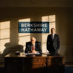 Warren Buffett sits calmly behind a vintage wooden desk with a dim golden glow and Berkshire Hathaway logo