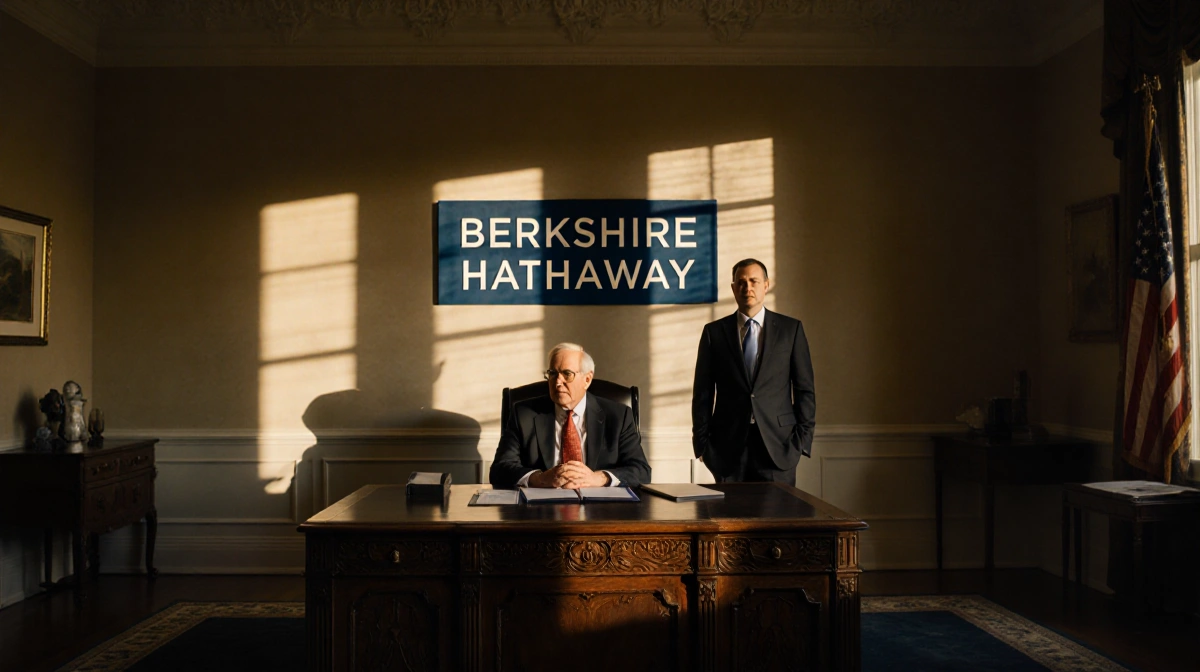 Warren Buffett sits calmly behind a vintage wooden desk with a dim golden glow and Berkshire Hathaway logo
