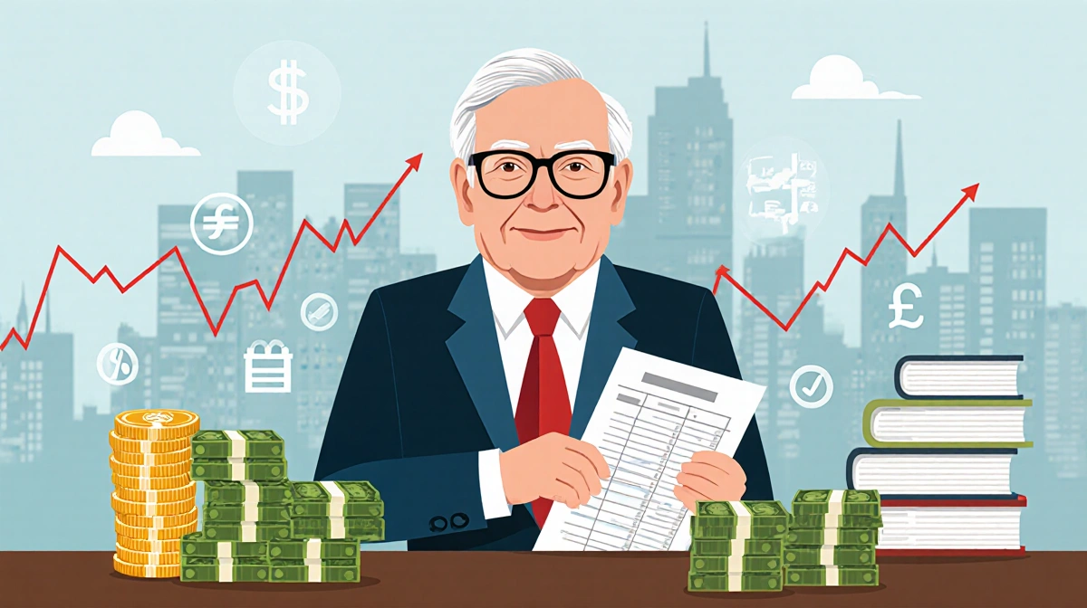 Warren Buffett reviewing ledger at trading desk with blurred cityscape and market graphs behind him