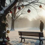 Tree stands with ornaments and warm glow on bench while lone figure looks on in snow.