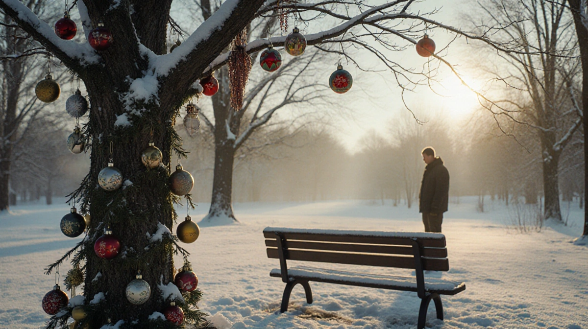 Tree stands with ornaments and warm glow on bench while lone figure looks on in snow.