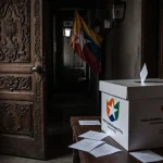Wooden door creaks open revealing dim hallway lined with lanterns and a faded Union flag with ballot box showing party logo
