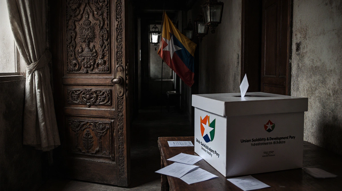 Wooden door creaks open revealing dim hallway lined with lanterns and a faded Union flag with ballot box showing party logo