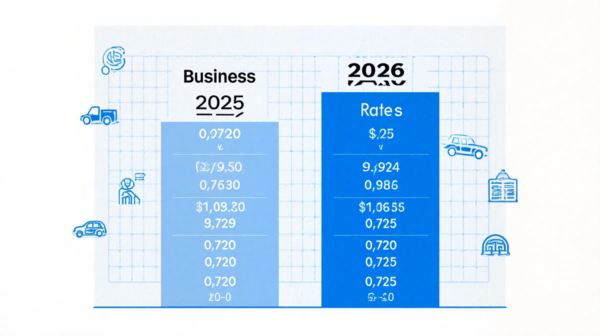 Table showing 2025 and 2026 business mileage rates with blue columns and car icons.