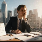 Person evaluating financial and investment plans at desk with calendar and papers while city glow appears in background.