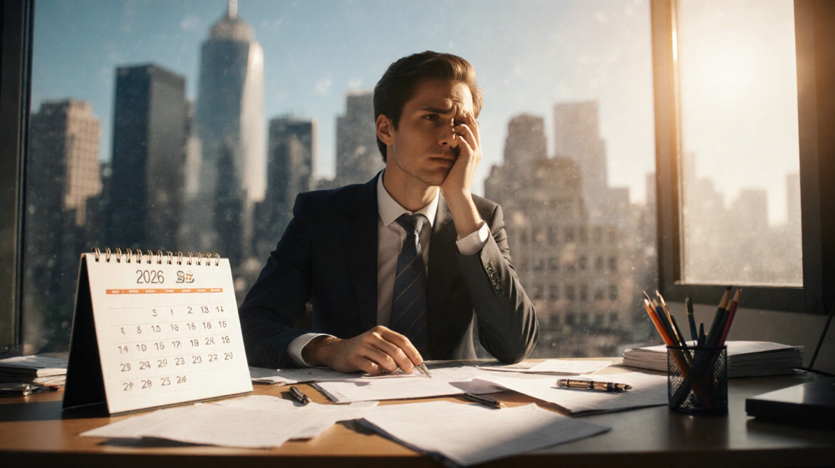 Person evaluating financial and investment plans at desk with calendar and papers while city glow appears in background.