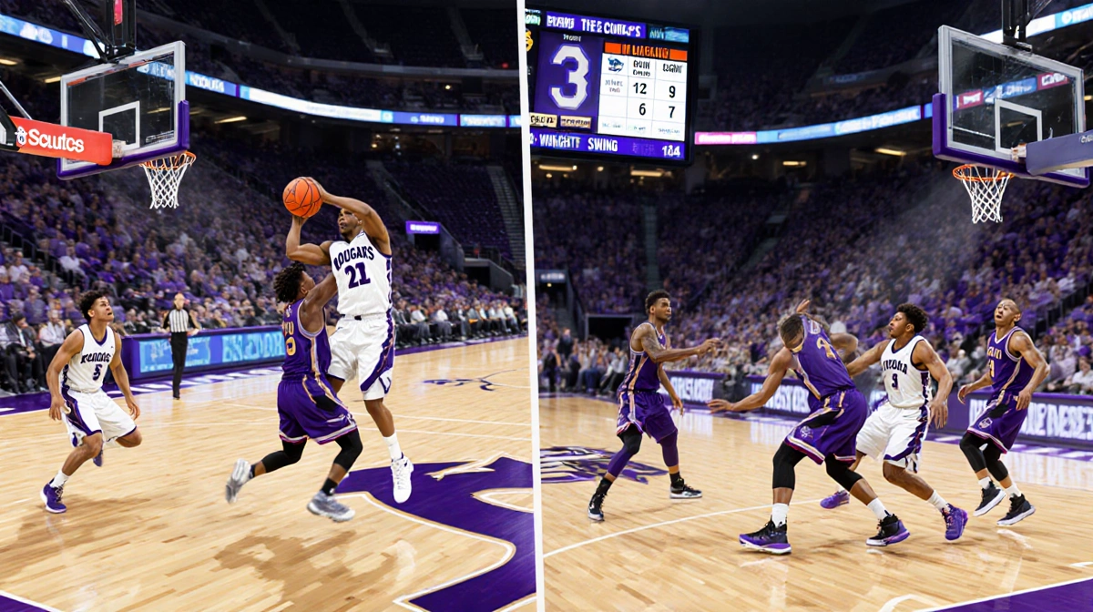 A.J. Dybantsa scores a basket for BYU with teammates and a 3-point swing while Kansas State players fail to close the gap