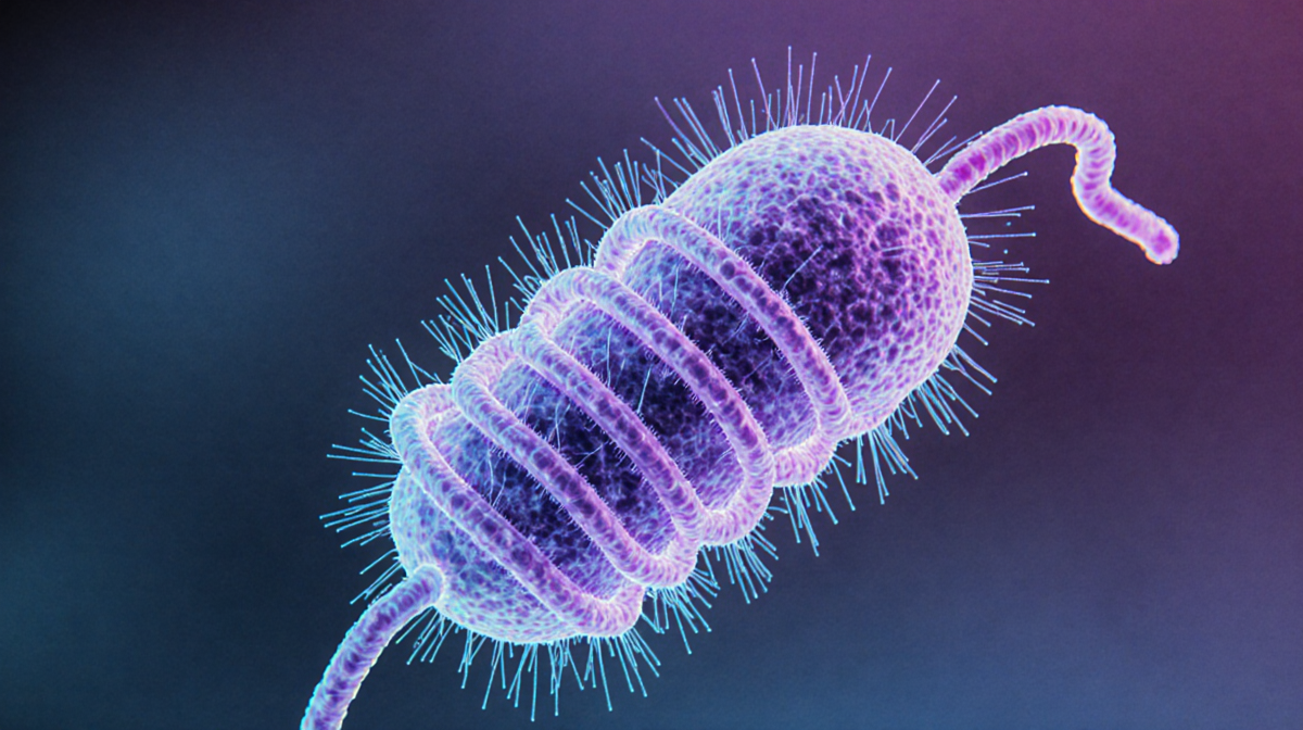 Caballeronia insecticola bacterium rotates its flagellae around its body with vibrant blues and purples fluid dynamics