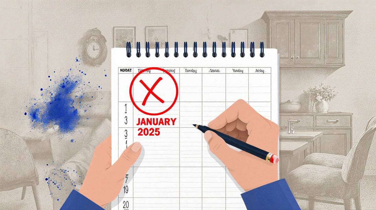 Person crossing out January 1st with red pen while circling January 2025 in planner with faded ink background