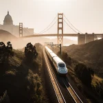 Train cars glide along tracks with Golden Gate Bridge silhouette and eucalyptus hills