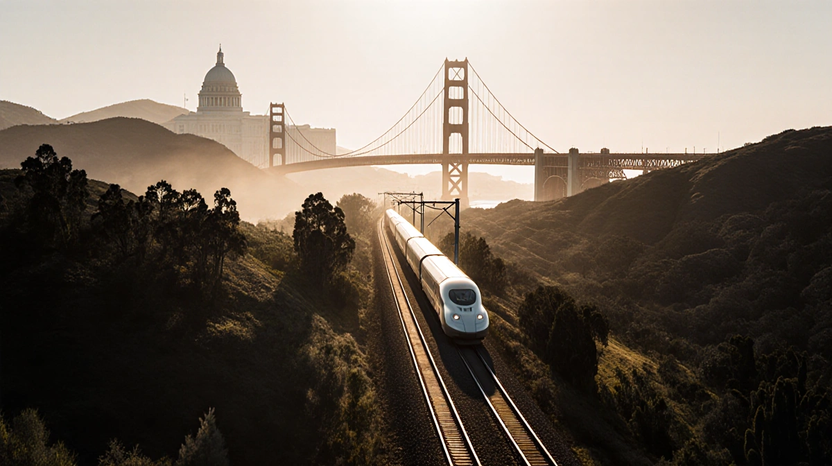 Train cars glide along tracks with Golden Gate Bridge silhouette and eucalyptus hills