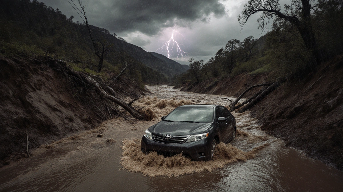 Car spins wheels with water pouring over hood in muddy flash flood