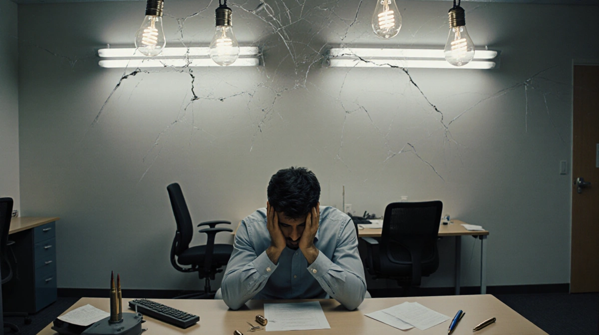 Omar sits with head in hands at call center desk with cracked fluorescent lights casting eerie glow over scattered papers