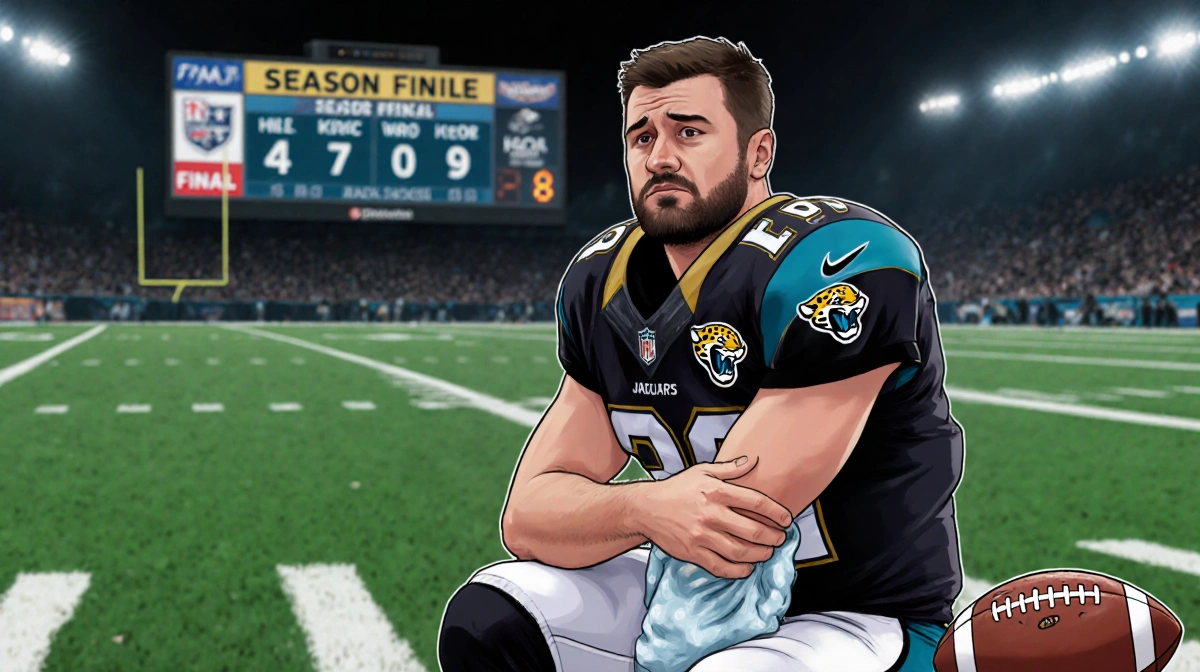 Cam Ward sits on sidelines cradling his shoulder with ice pack and a football nearby wearing Jaguars jersey and scoreboard