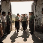 Cambodian prisoners stepping into bright checkpoint with Thai officials shaking hands and family cheering.