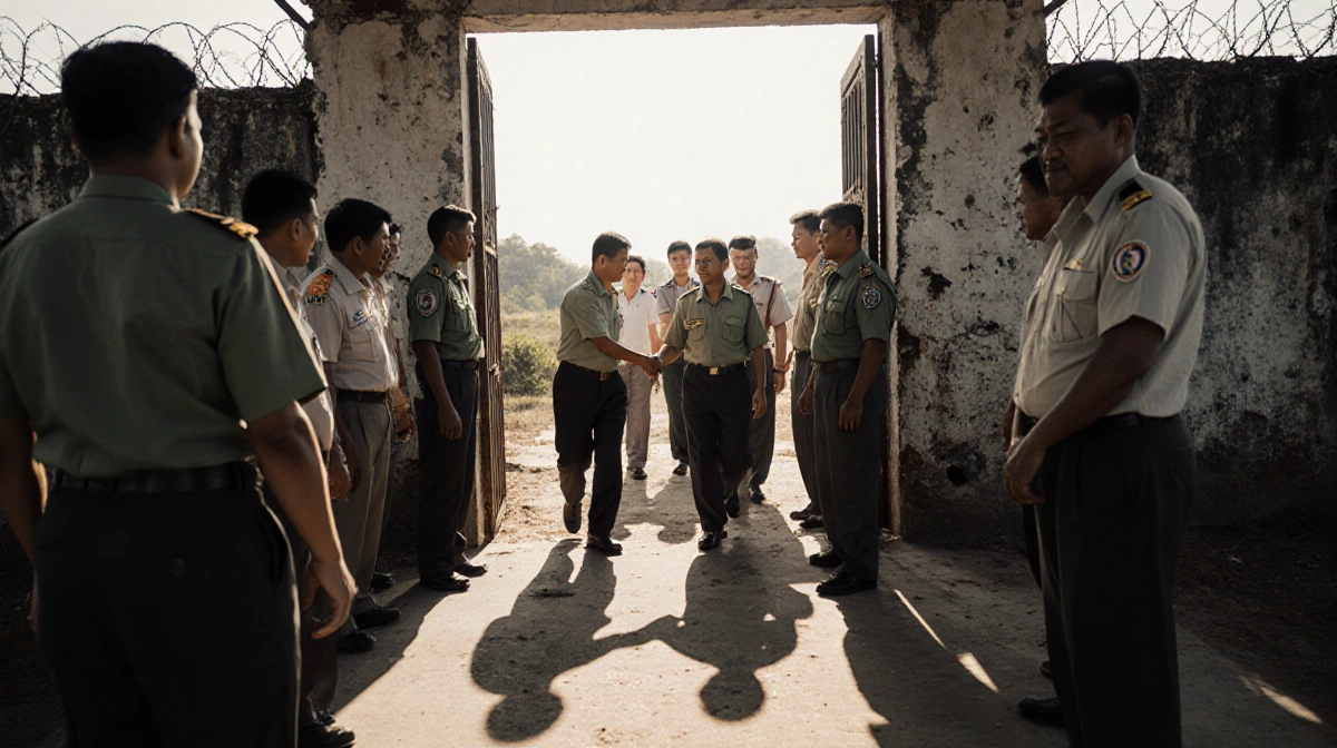 Cambodian prisoners stepping into bright checkpoint with Thai officials shaking hands and family cheering.