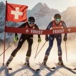 Camille Rast crosses the finish line first ski racing with Mikaela Shiffrin close behind and Swiss flag rising snowy Alps