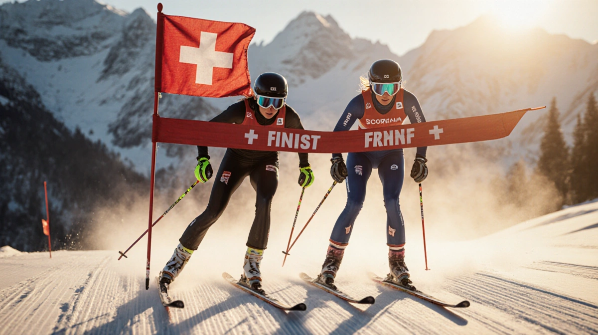 Camille Rast crosses the finish line first ski racing with Mikaela Shiffrin close behind and Swiss flag rising snowy Alps