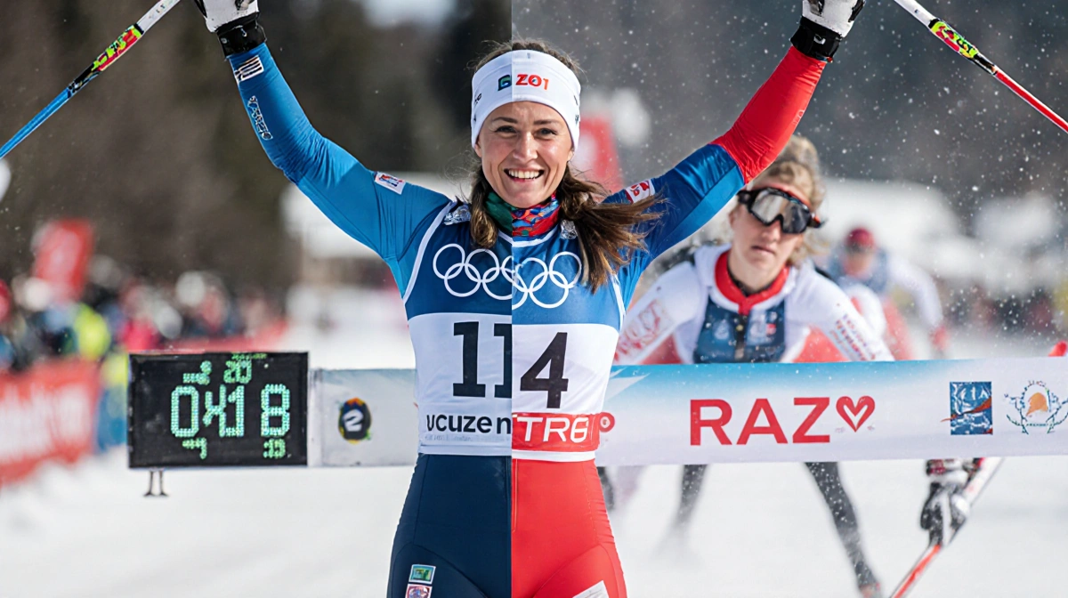 Camille Rast finishes race with arms raised showing 0.14-second lead over Mikaela Shiffrin on split-screen in Slovenian winte