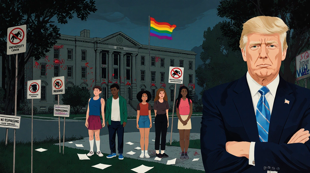 Students stand together on campus looking fearful with a faded rainbow flag and a politician standing arms crossed.