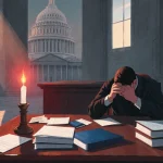 Magistrate judge sitting contemplatively with a flickering candle flame and dawn light over the U.S. Capitol.