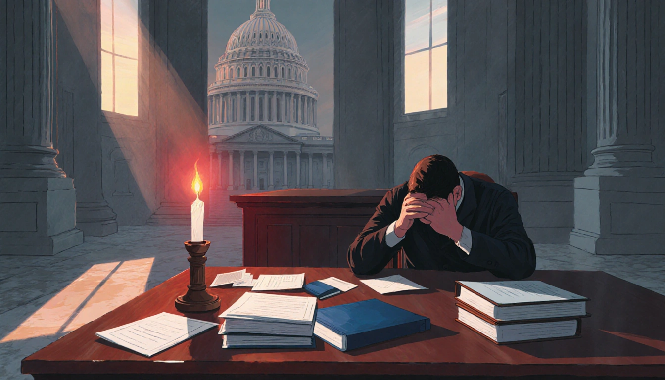 Magistrate judge sitting contemplatively with a flickering candle flame and dawn light over the U.S. Capitol.
