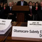 Lawmakers debating at table with DOJ Epstein Files papers and Obamacare Subsidy Extension