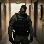 Figure in tactical gear bows hallway with Capitol logos and graffiti reading Justice for the Fallen.