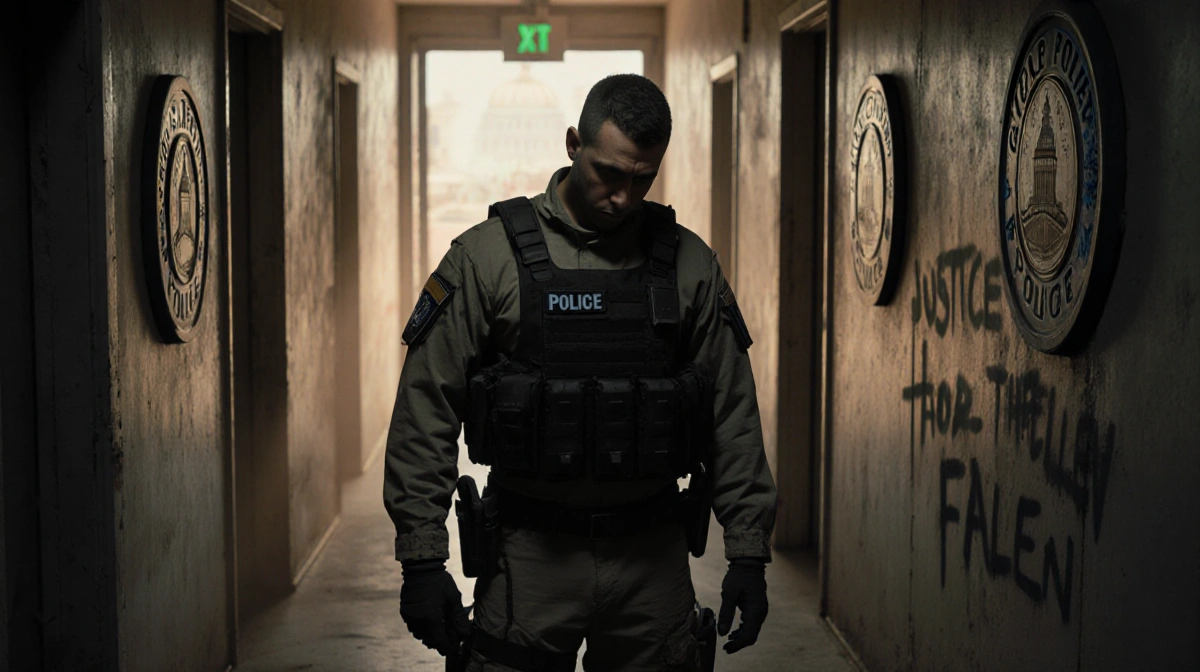 Figure in tactical gear bows hallway with Capitol logos and graffiti reading Justice for the Fallen.