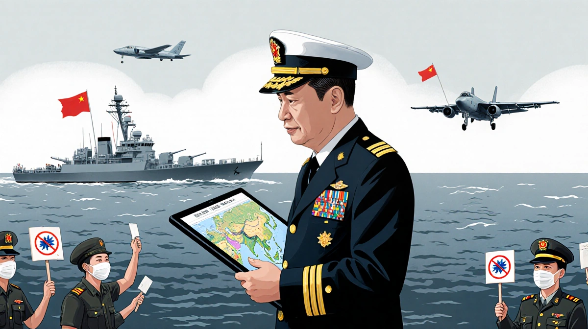 Senior Capt. Li Xi standing holding a tablet with a map of the Taiwan Strait with a naval vessel and aircraft overhead.