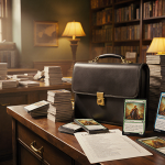 Stacks of Magic: The Gathering cards spilling over tables with a lawyer briefcase and financial reports in warm golden light