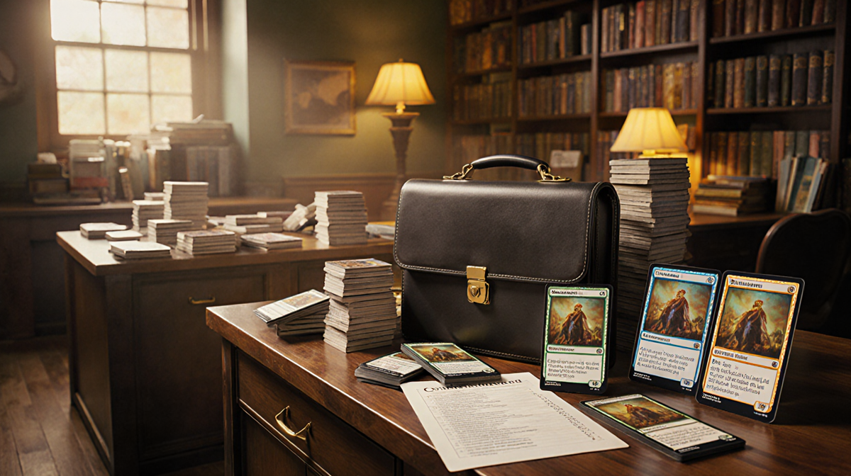 Stacks of Magic: The Gathering cards spilling over tables with a lawyer briefcase and financial reports in warm golden light