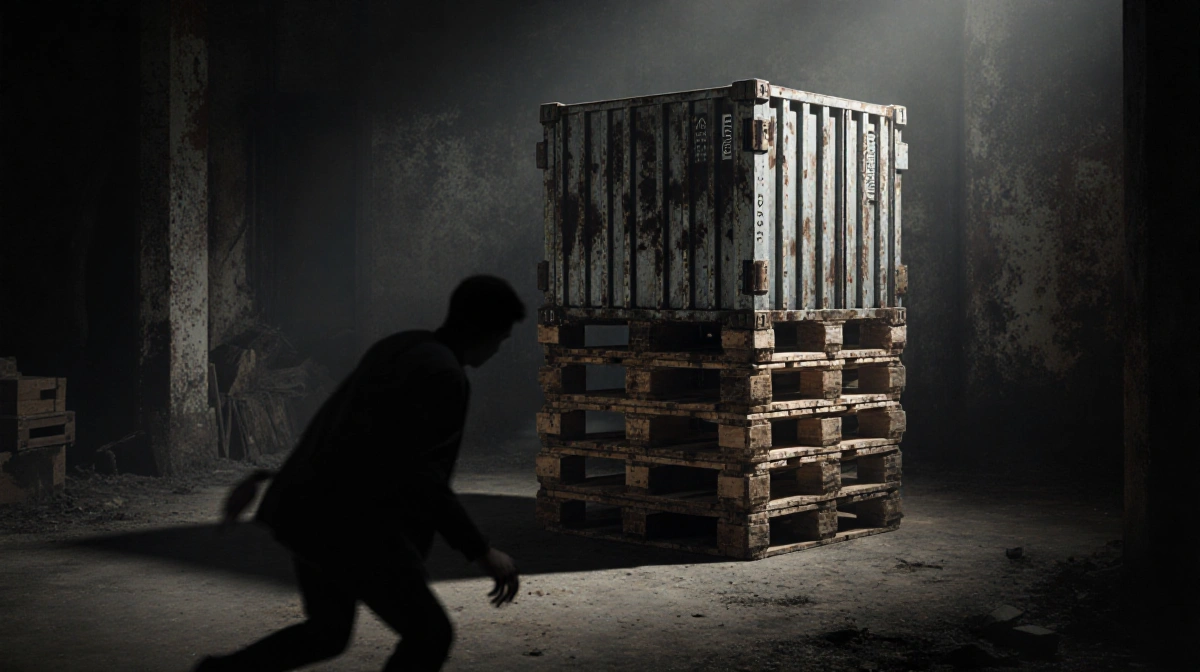 Silhouette attempting to escape with a large rusty cargo crate against a gritty industrial backdrop