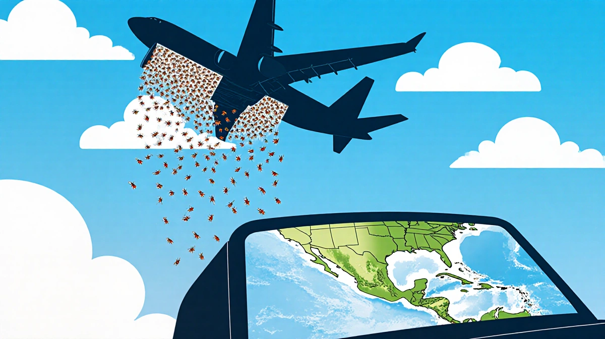 Cargo plane releasing sterile flies with blue sky over map of Mexico in cockpit