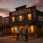 Happy tourists pose for photos in front of the golden-lit Cartoon Saloon with vintage wooden signs and Texas hill country sun
