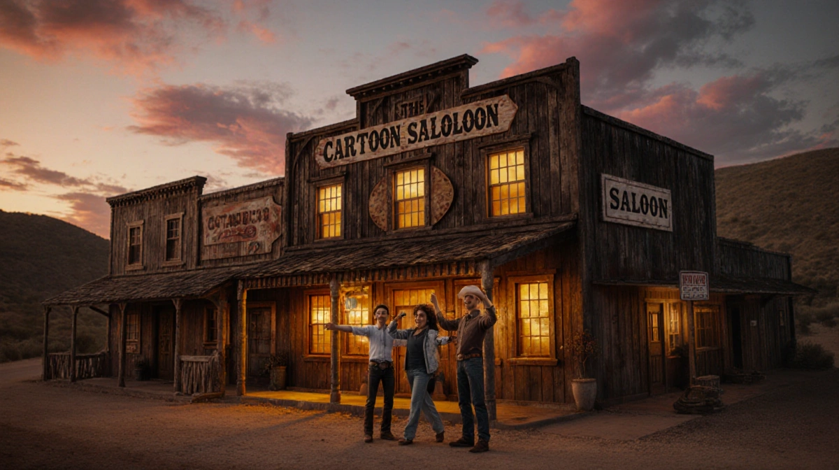 Happy tourists pose for photos in front of the golden-lit Cartoon Saloon with vintage wooden signs and Texas hill country sun