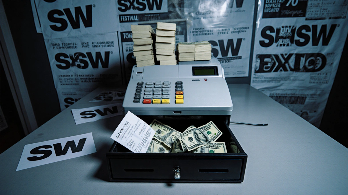 Cash register holds unpaid bills with empty SXSW posters showing financial stress and few crumpled hundred dollar bills in op