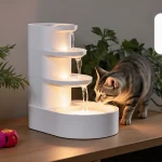 Curious cat drinking from sleek water fountain with warm LED glow and lush plants around