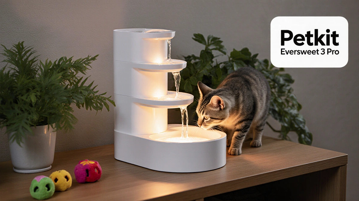 Curious cat drinking from sleek water fountain with warm LED glow and lush plants around