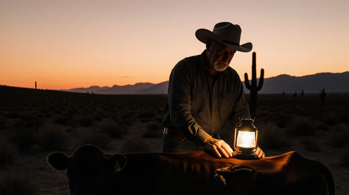 Cattle rancher inspecting infected cow