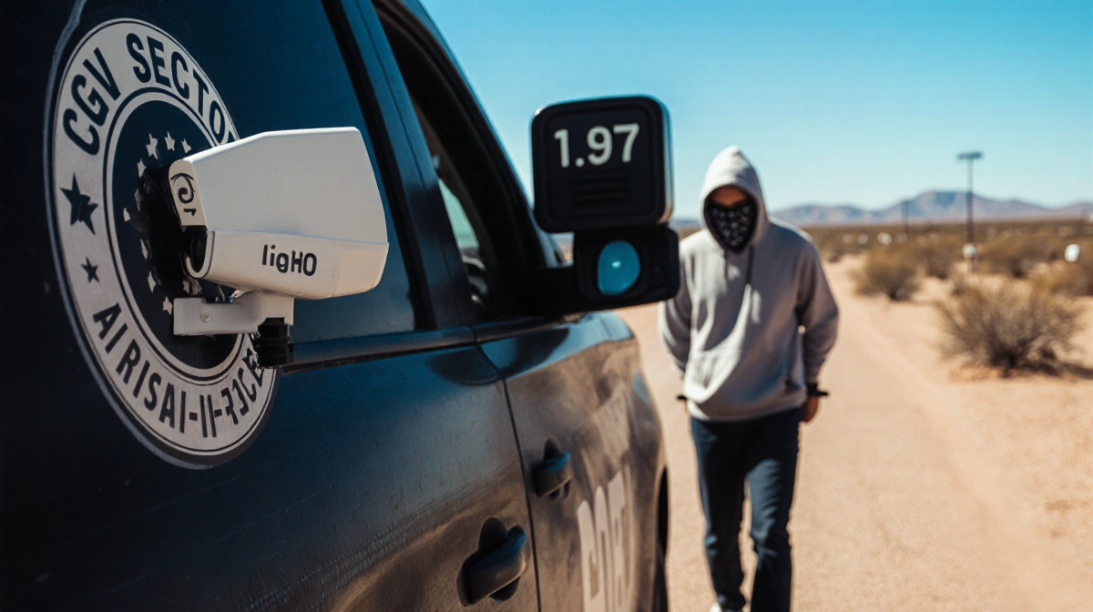 Handcuffed person being led away from border crossing with surveillance camera on CBP vehicle and desert backdrop