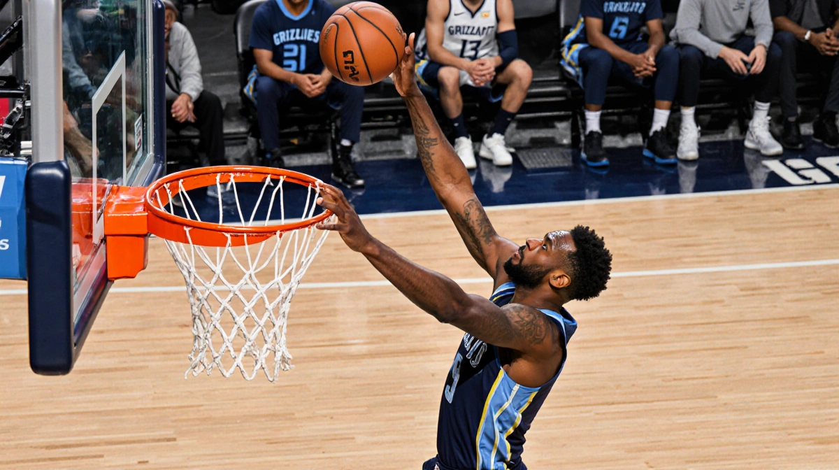Cedric Coward reaches for rim with ball stuck on net as Grizzlies watches disappoint Ja Morant jersey.